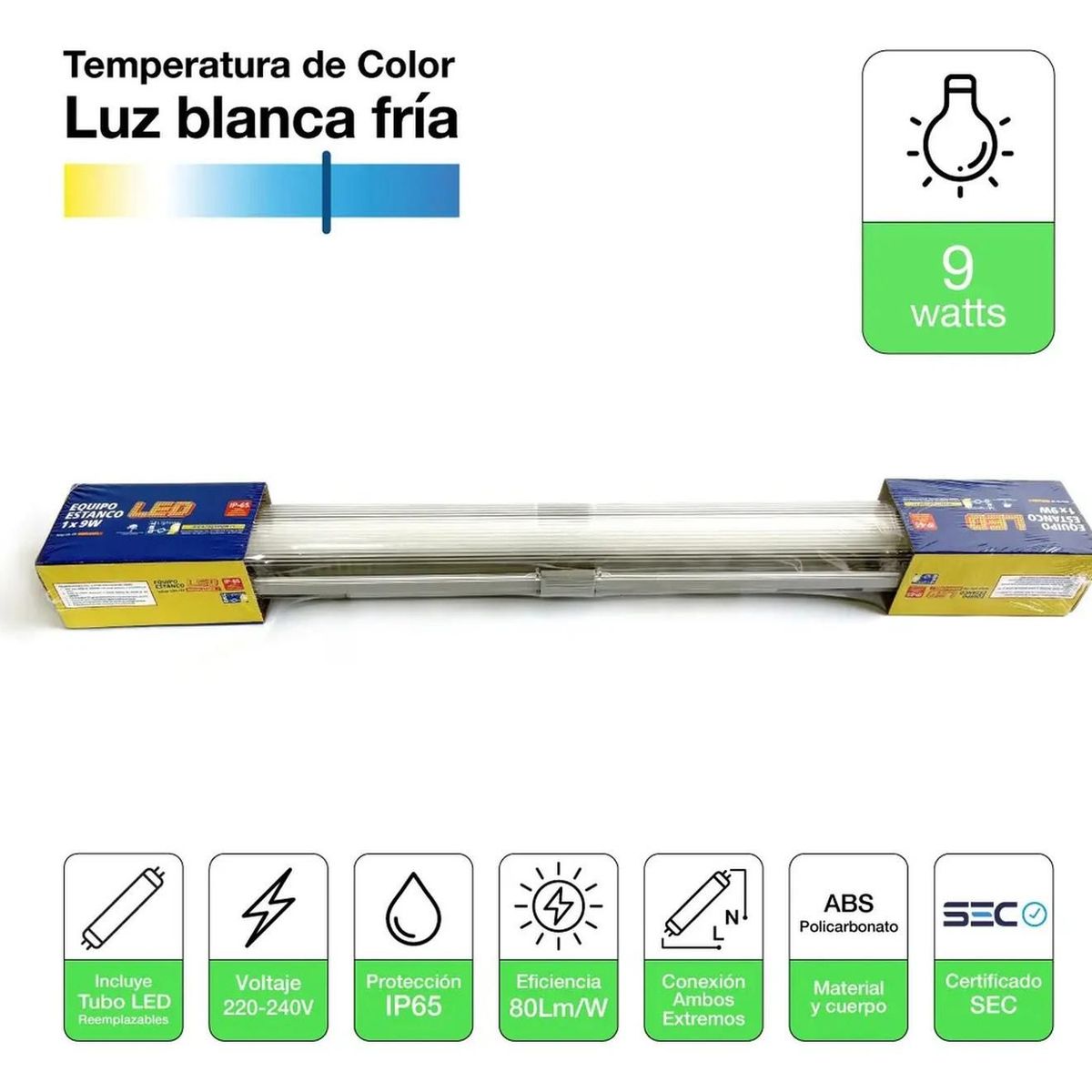 DRL - Equipo Estanco Led 1x9w Ip65 60cm + Tubo Led Luz Fría Sec