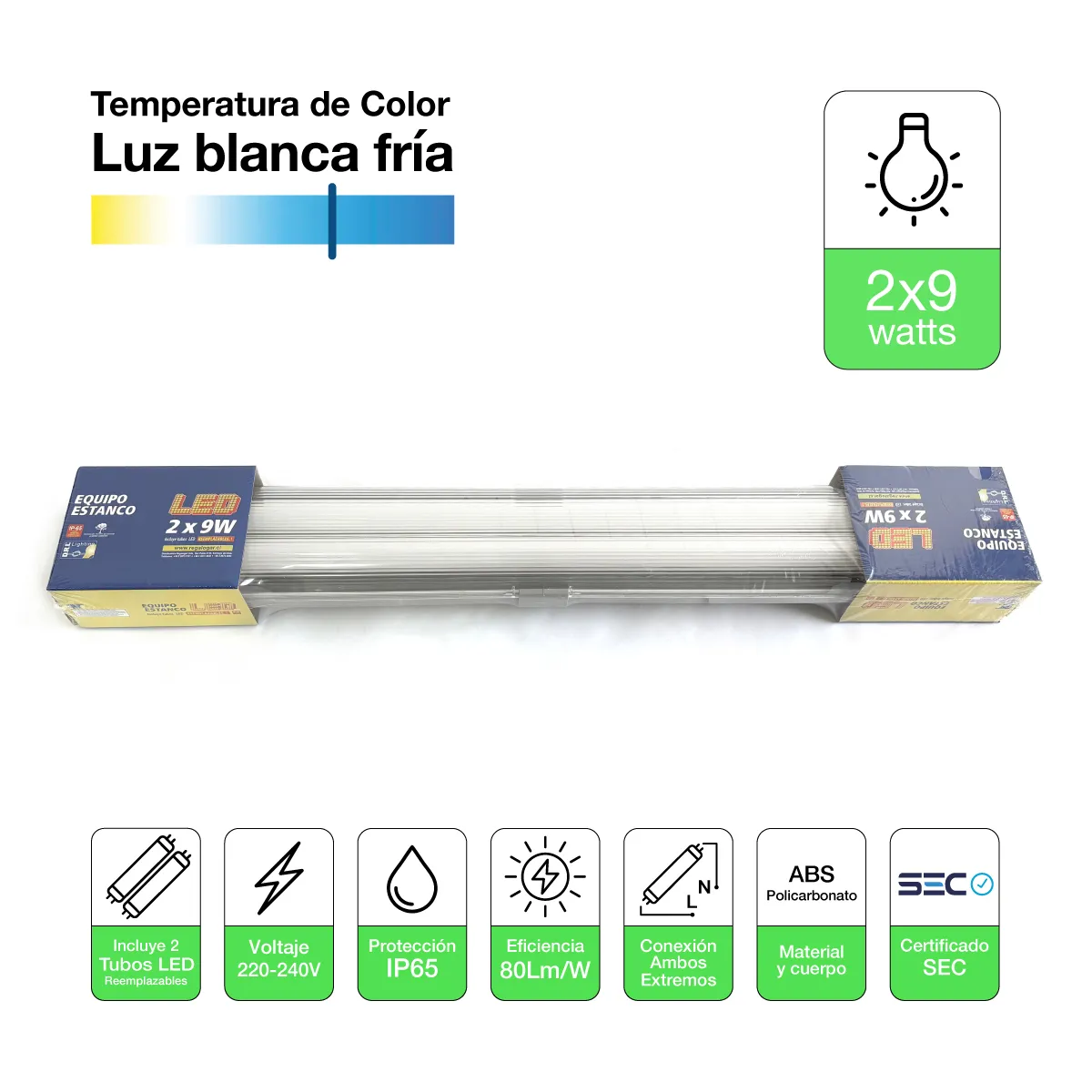 DRL - Equipo Estanco Led 2x9w Ip65 60cm + 2 Tubos Led Luz Fría Sec