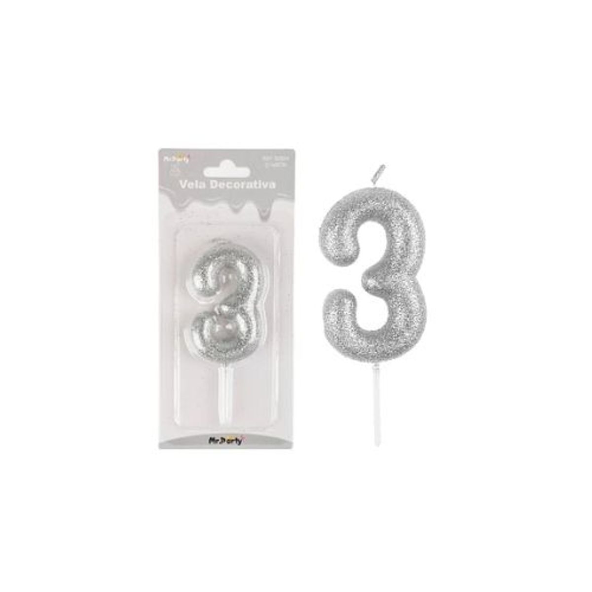 GENERICO - Vela de número 3 plateado metalico brillante 5.5cm