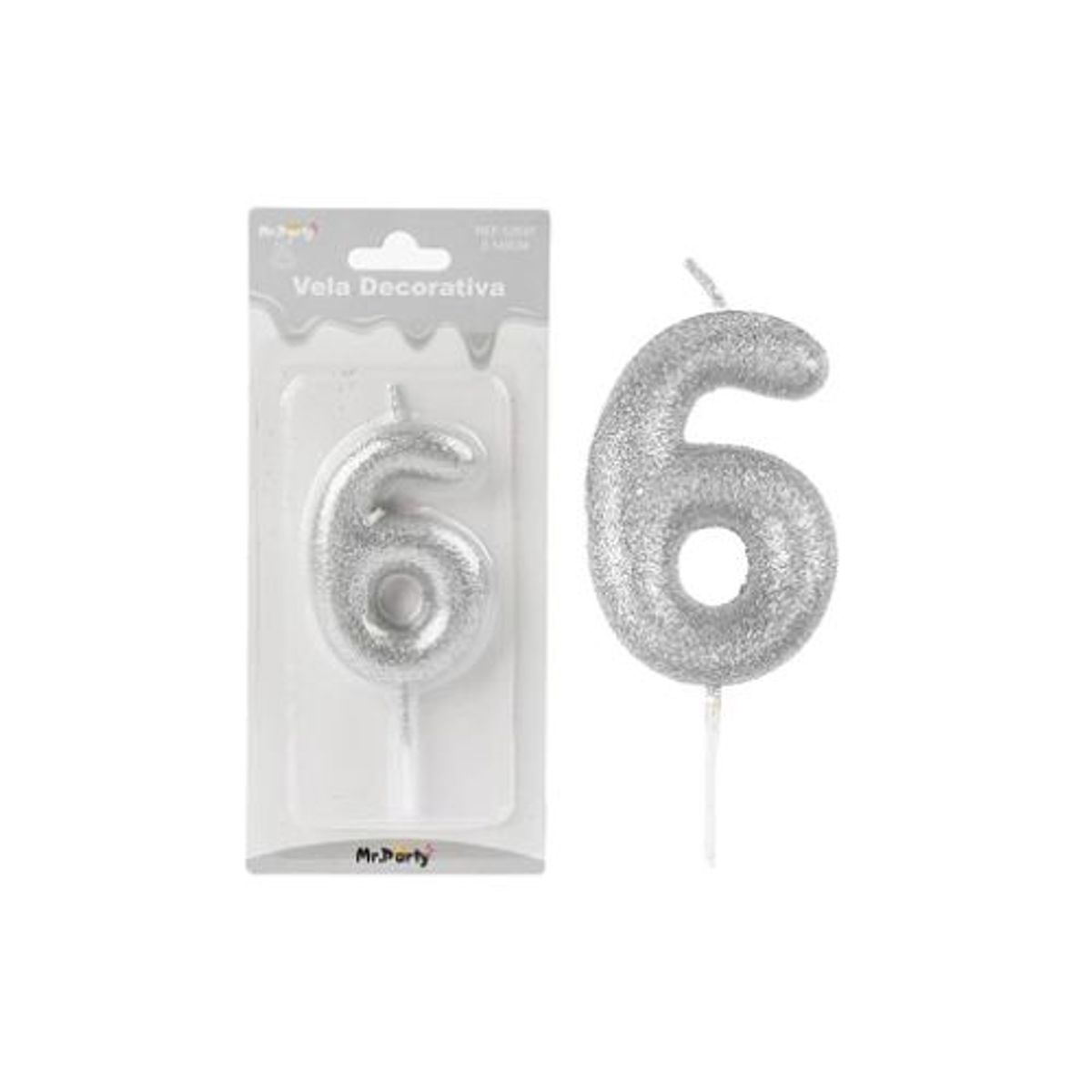 GENERICO - Vela de número 6 plateado metalico brillante 5.5cm