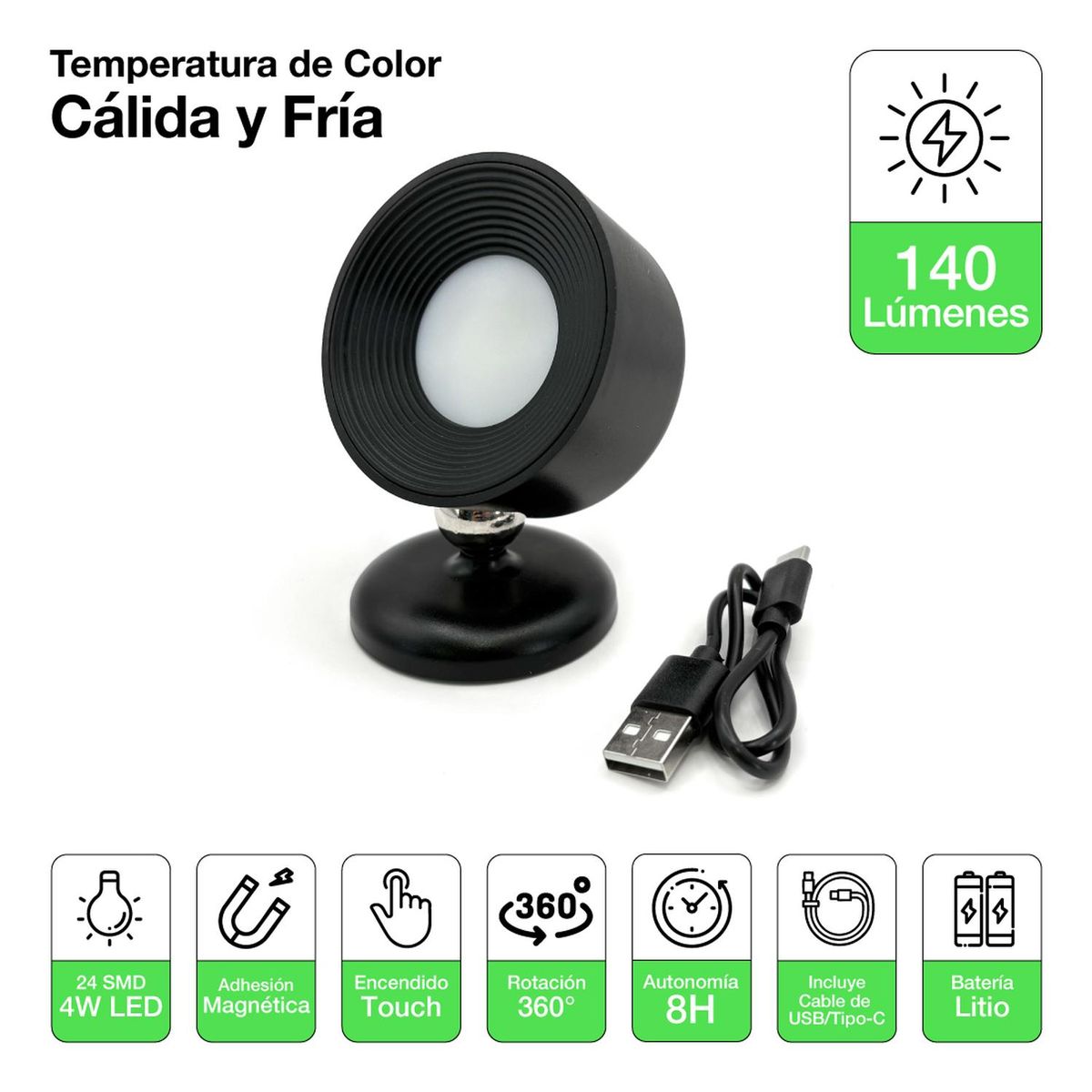 DRL LIGHTING - Foco Led Magnético Touch Recargable 4w 140lm Fría-cálida Usb Negro