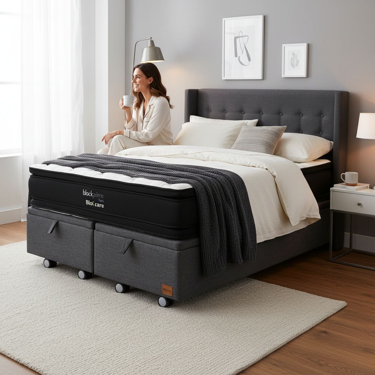 BLOCCARE - Cama Baul King L200 cm  + Colchon Black Prime - Modelo Dos + Respaldo / Rueda Pyton (Gris)