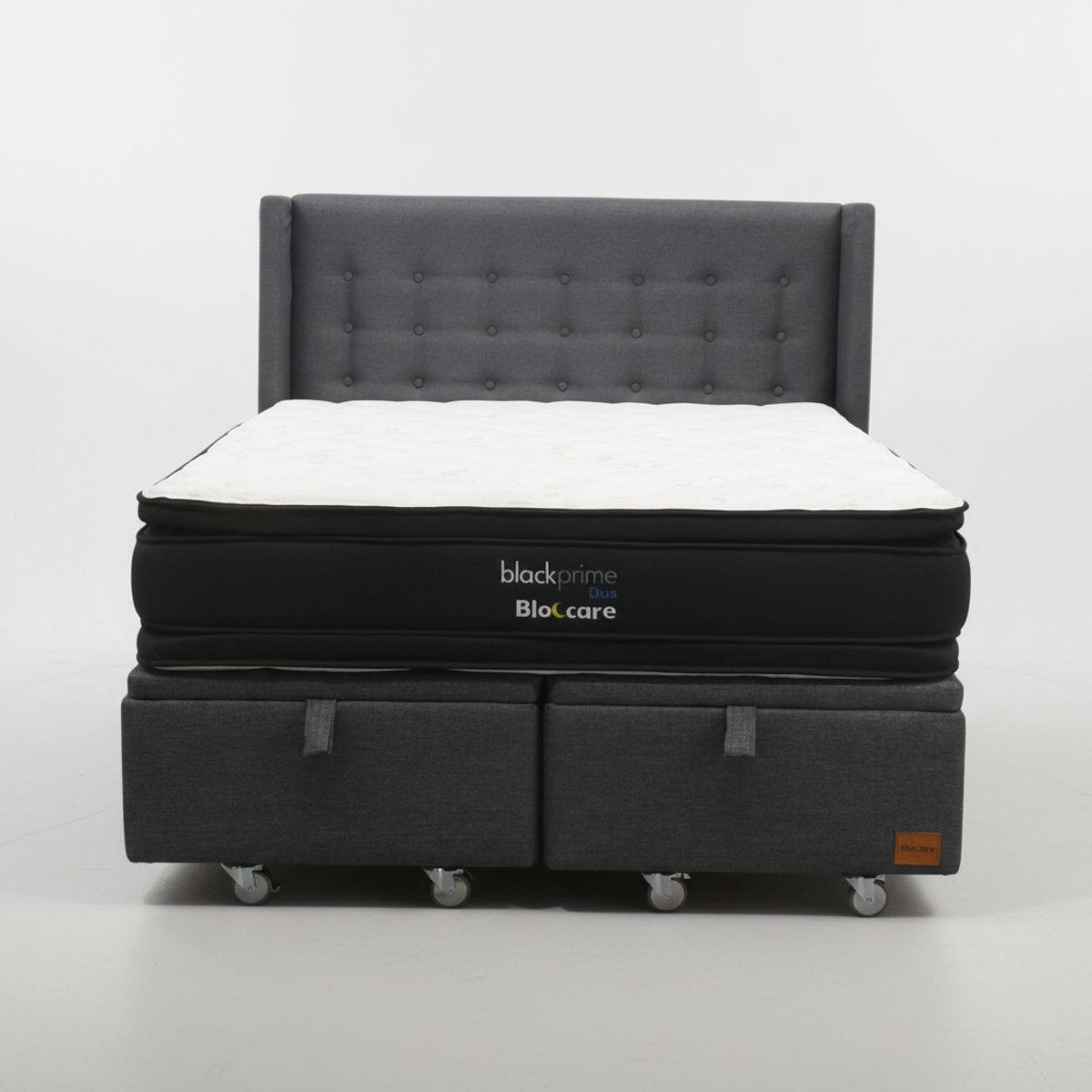 BLOCCARE - Cama Baul King L200 cm  + Colchon Black Prime - Modelo Dos + Respaldo / Rueda Pyton (Gris)