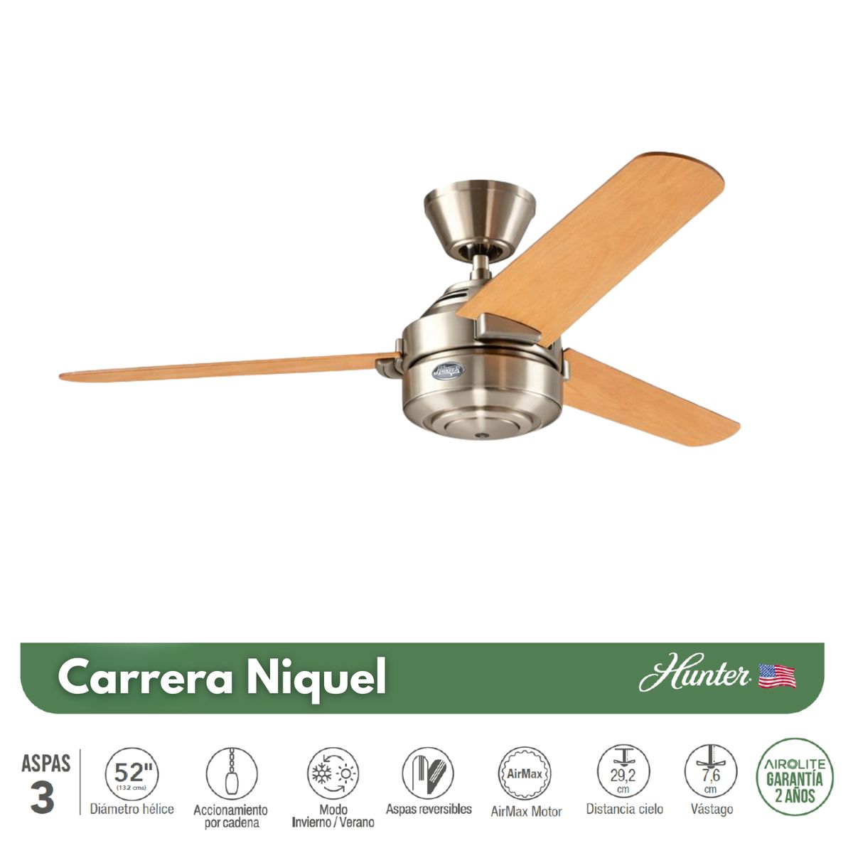 HUNTER - VENTILADOR DE TECHO HUNTER CARRERA NIQUEL 52"