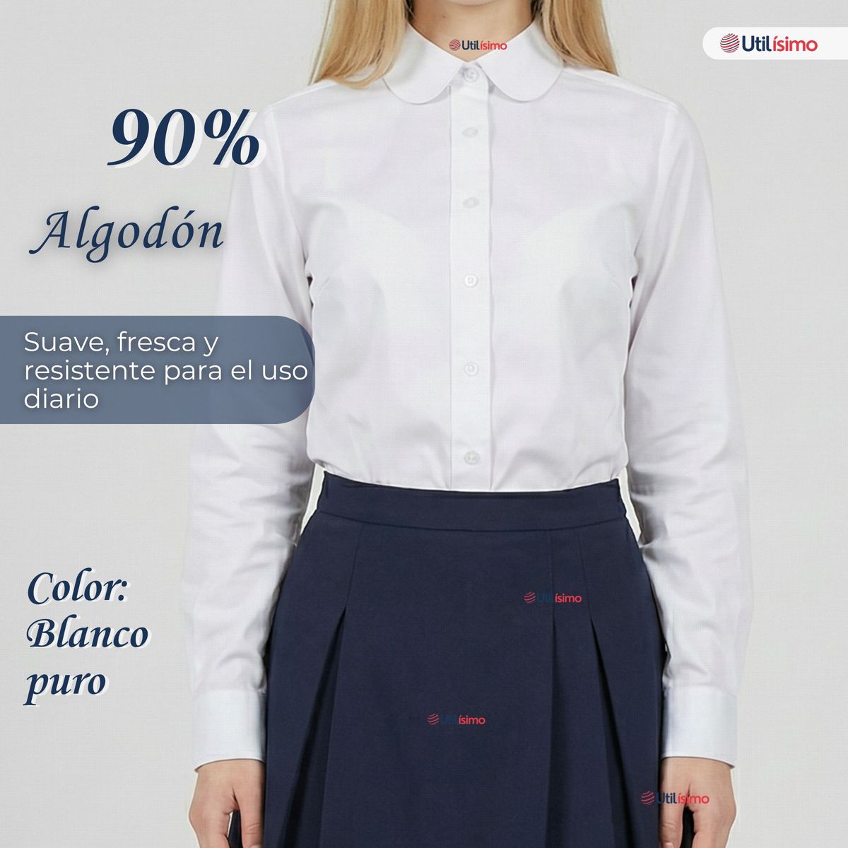 UTILISIMO - Blusa Escolar Camisa Blanca Manga Larga Colegio Para Niñas y Juvenil