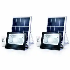 GENERICO - Pack 2 Lampara Foco Solar 120 Led 100w + Panel Solar Control Remoto Carcasa Negro A Luz Blanco frío