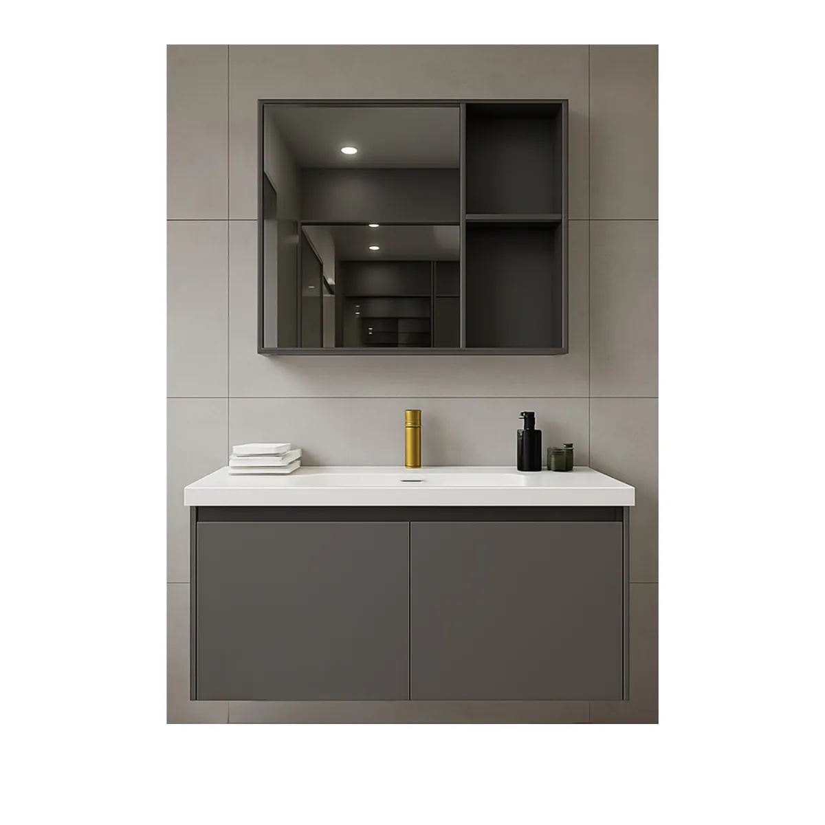 GENERICO - Vanitorio Flotante Completo 80 cm Botiquín y Espejo Led Gris Oscuro