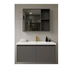 GENERICO - Vanitorio Flotante Completo 80 cm Botiquín y Espejo Led Gris Oscuro