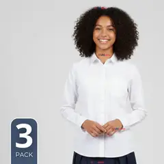 UTILISIMO - Pack 3 Blusas Escolares Camisa Blanca Manga Larga Colegio Para Niñas y Juvenil