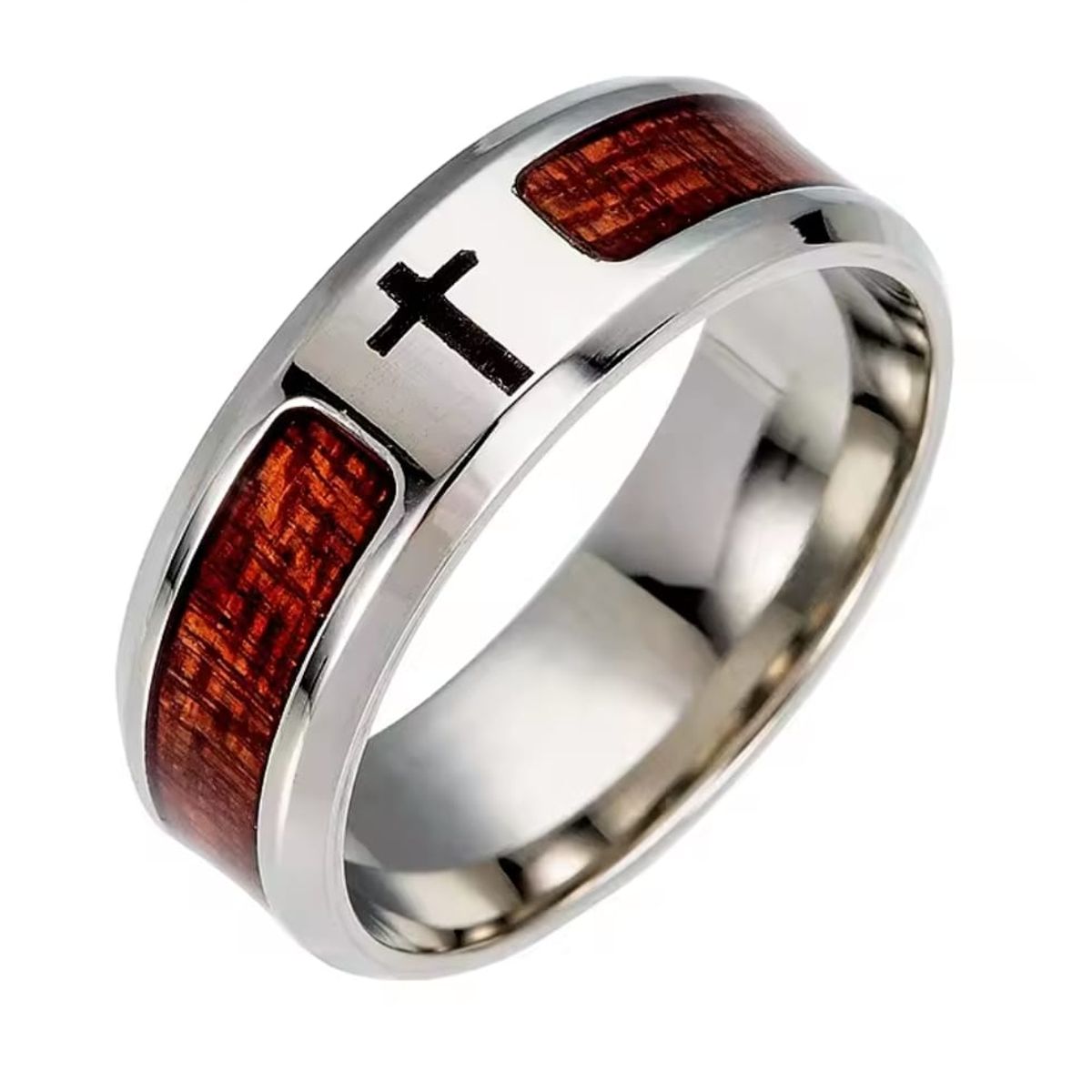 GENERICO - Anillo Masculino de Acero con Cruz y Detalle en Madera