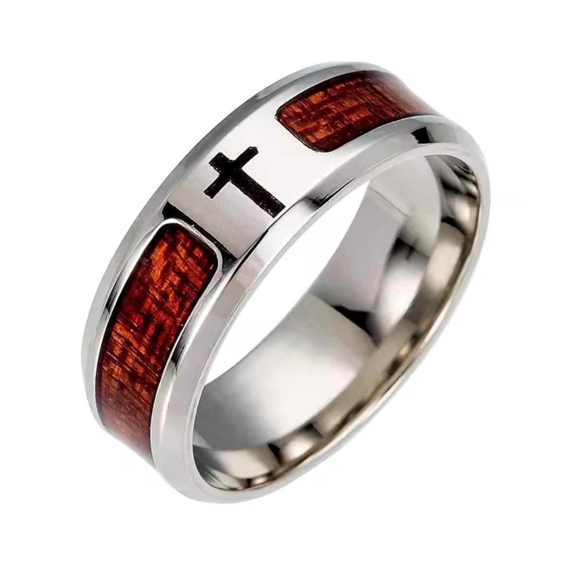 GENERICO - Anillo Masculino de Acero con Cruz y Detalle en Madera