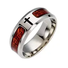 GENERICO - Anillo Masculino de Acero con Cruz y Detalle en Madera