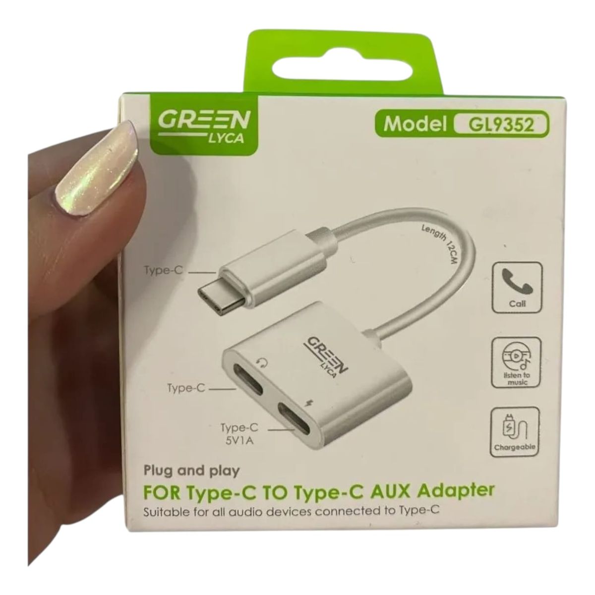 GENERICO - Adaptador Divisor Tipo-C a Tipo-C + Audio AUX 35mm Verde Lyca GL9352