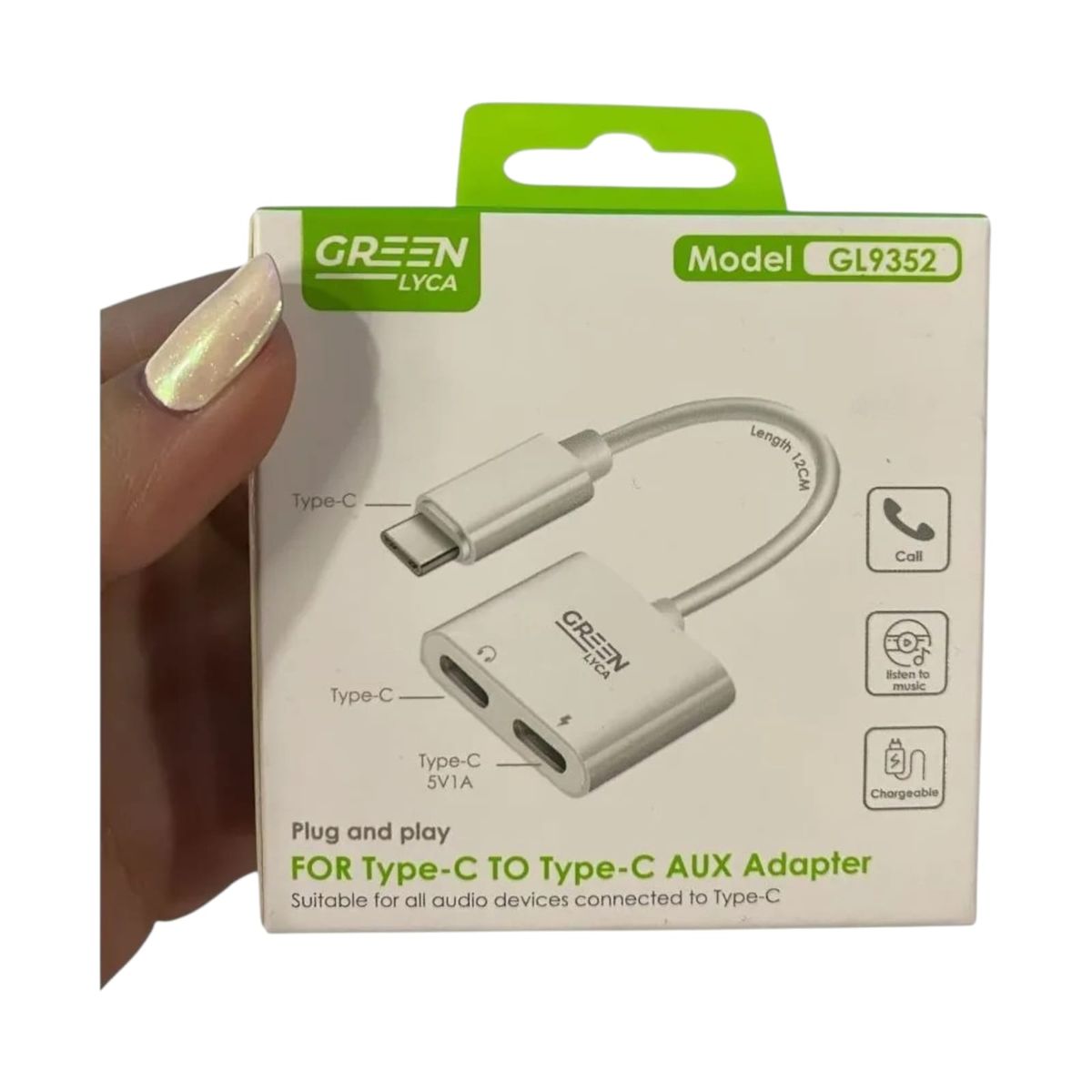 GENERICO - Adaptador Divisor Tipo-C a Tipo-C + Audio AUX 35mm Verde Lyca GL9352