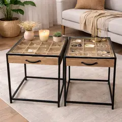 GENERICO - Set Mesas Metal Madera cubierta vidriada