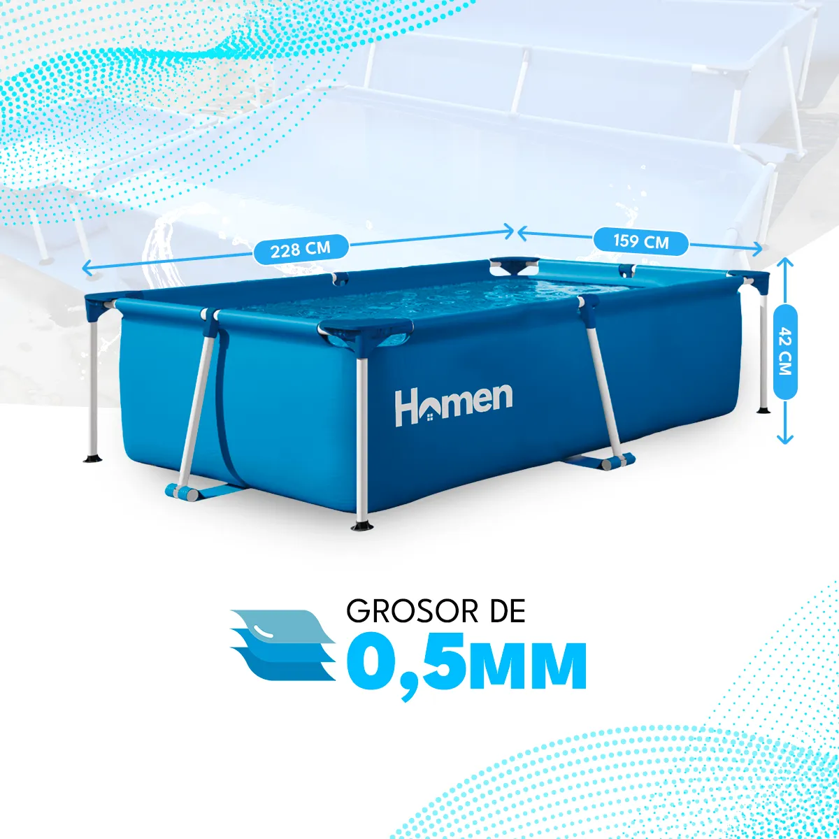 HOMEN - Piscina Estructural Rectangular 228x159 Cm Homen + Parches Azul 1520 Lt