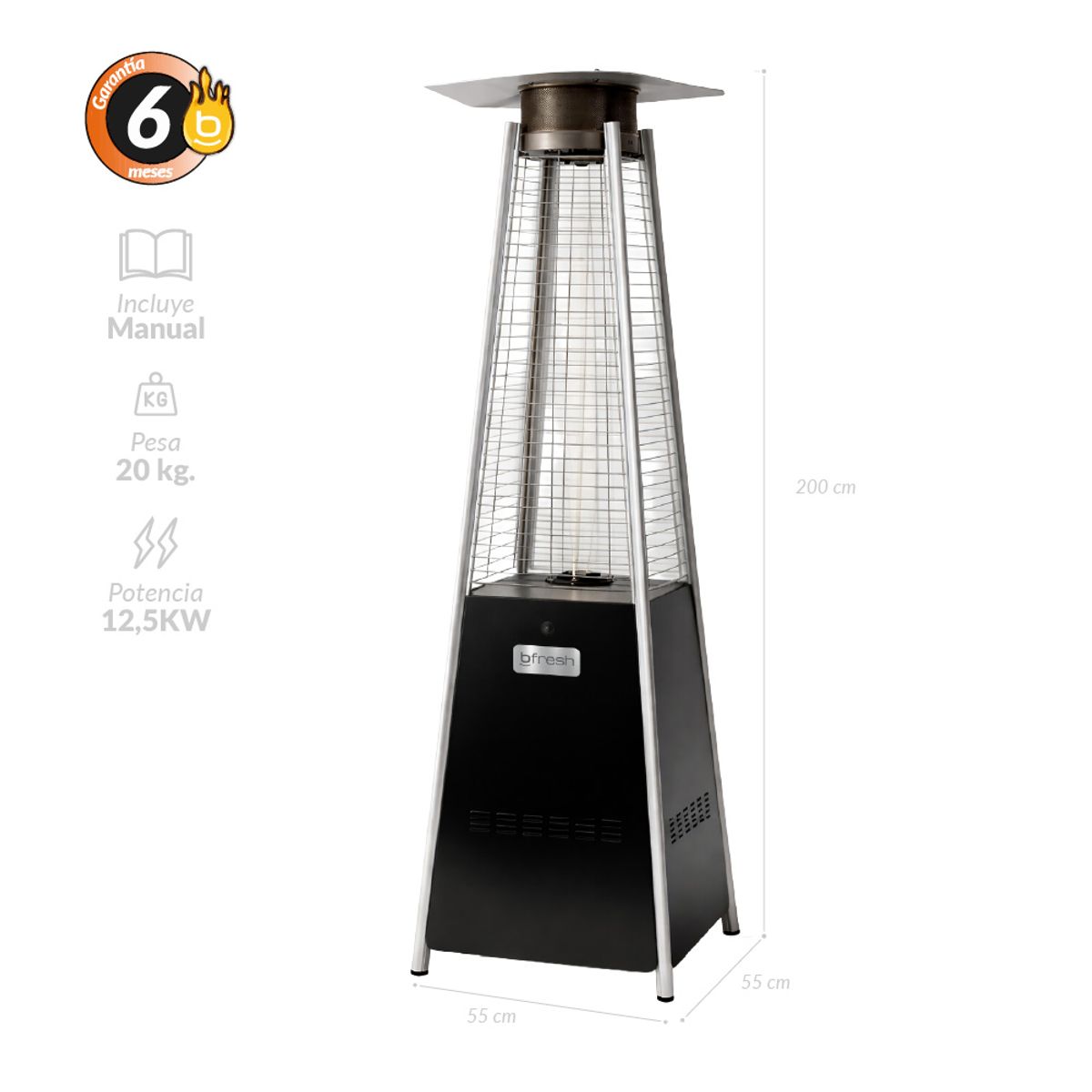 B FRESH - Estufa De Patio Tipo Pirámide A Gas 12,5 kw Negro Bfresh