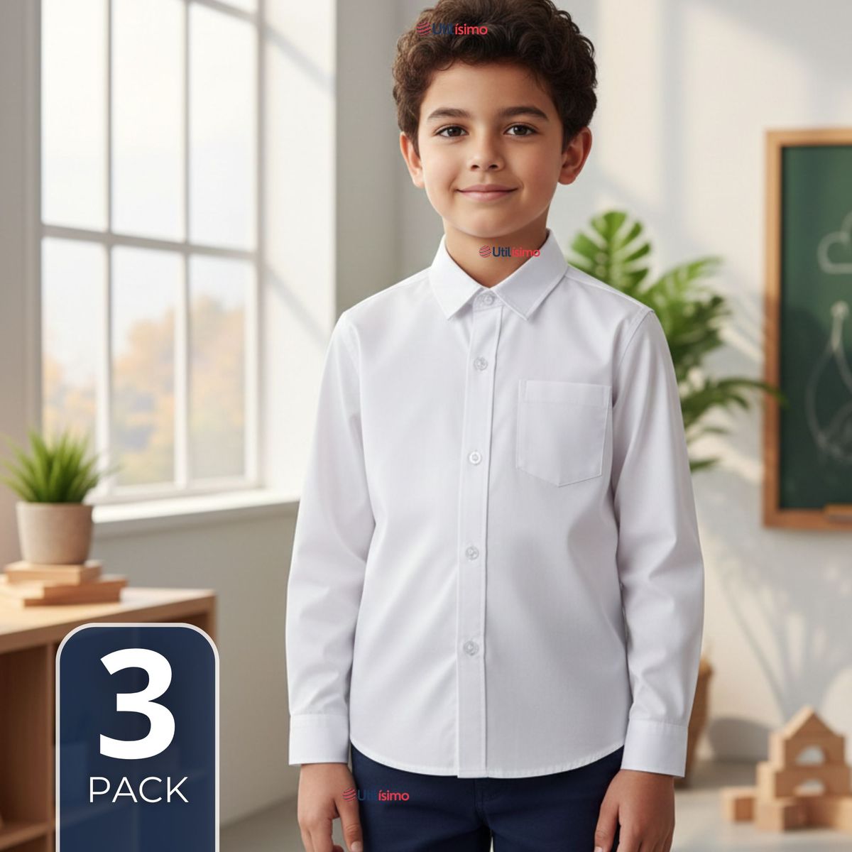 UTILISIMO - Pack 3 Camisas Escolares Blanca Manga Larga Colegio para Niños y Juvenil
