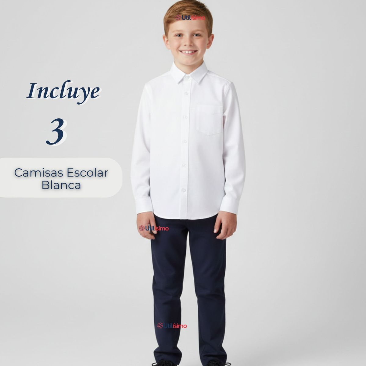 UTILISIMO - Pack 3 Camisas Escolares Blanca Manga Larga Colegio para Niños y Juvenil