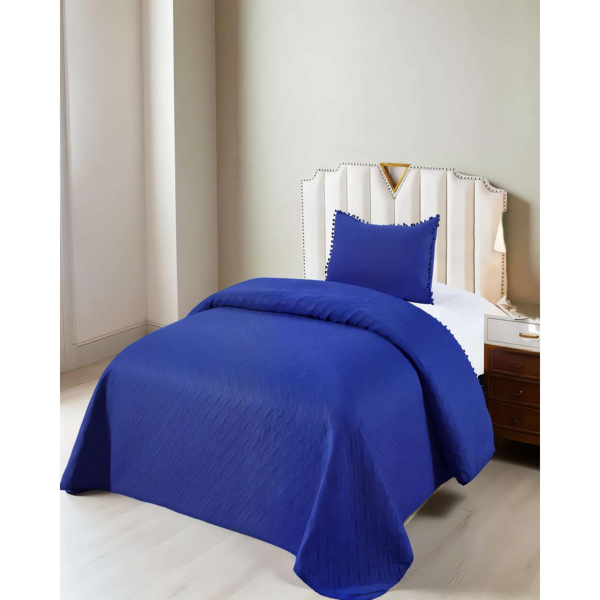 GENERICO - CUBRECAMA UNICOLOR CON POMPON KING COLOR AZUL
