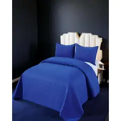 GENERICO - CUBRECAMA UNICOLOR CON POMPON KING COLOR AZUL OSCURO_.