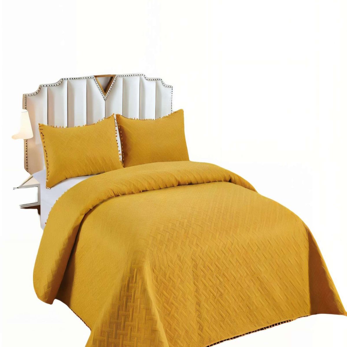 GENERICO - CUBRECAMA UNICOLOR CON POMPON 2P COLOR AMARILLO