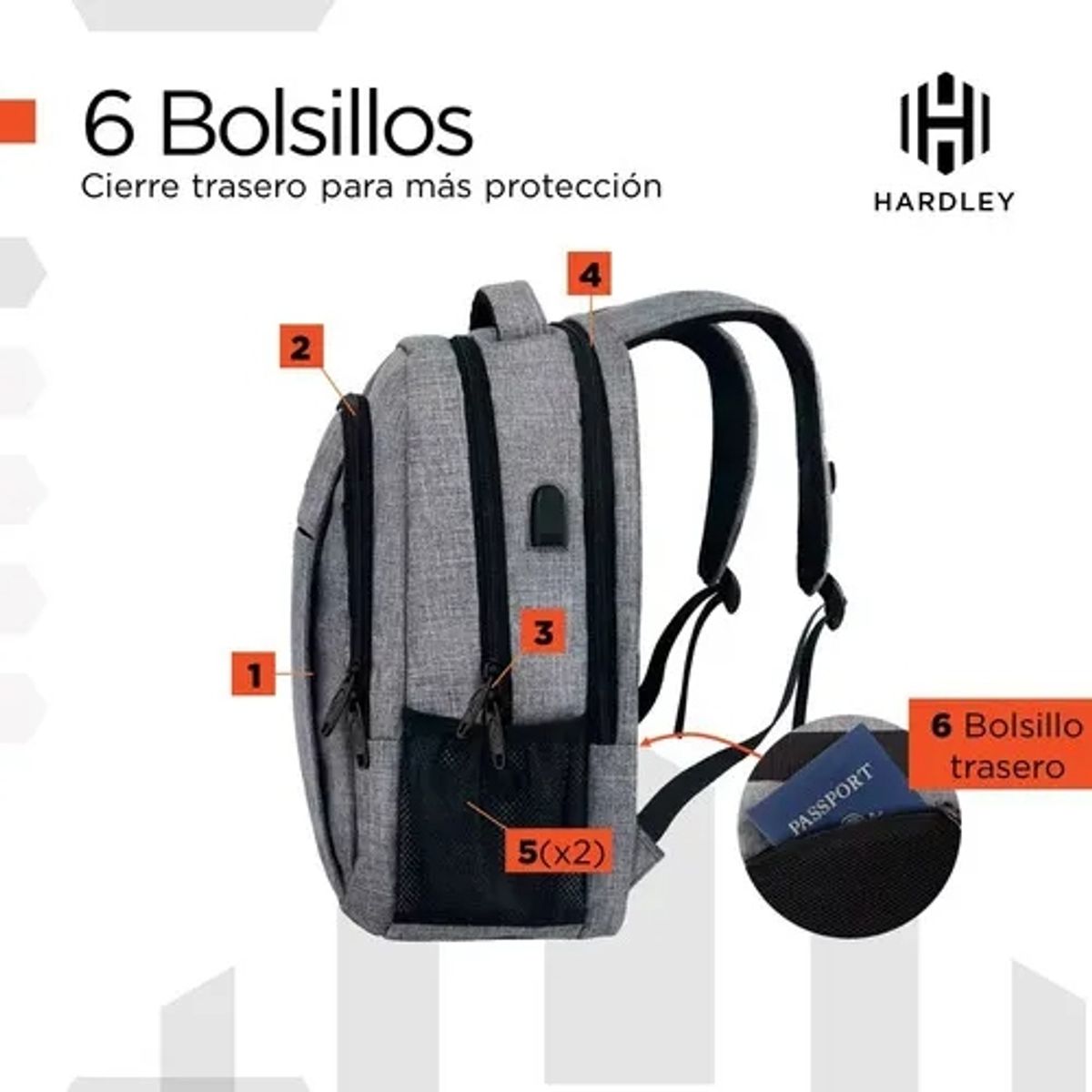 HARDLEY - Mochila Notebook Hardley Phantom 25 L Impermeable Antirrobo con USB Gris