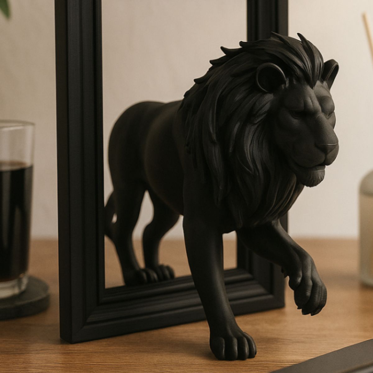 GENERICO - Escultura- León Negro Rompiendo el Marco