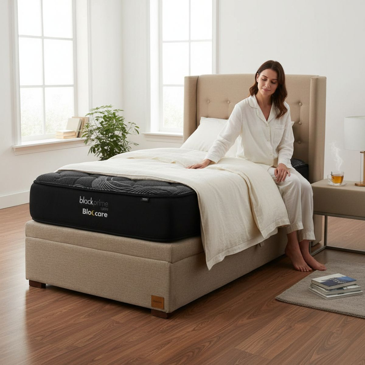 BLOCCARE - Cama Baul 1 Plaza L200 cm + Colchon Black Prime - Modelo Uno / Con Patas De Madera 4.5 cm (Beige)