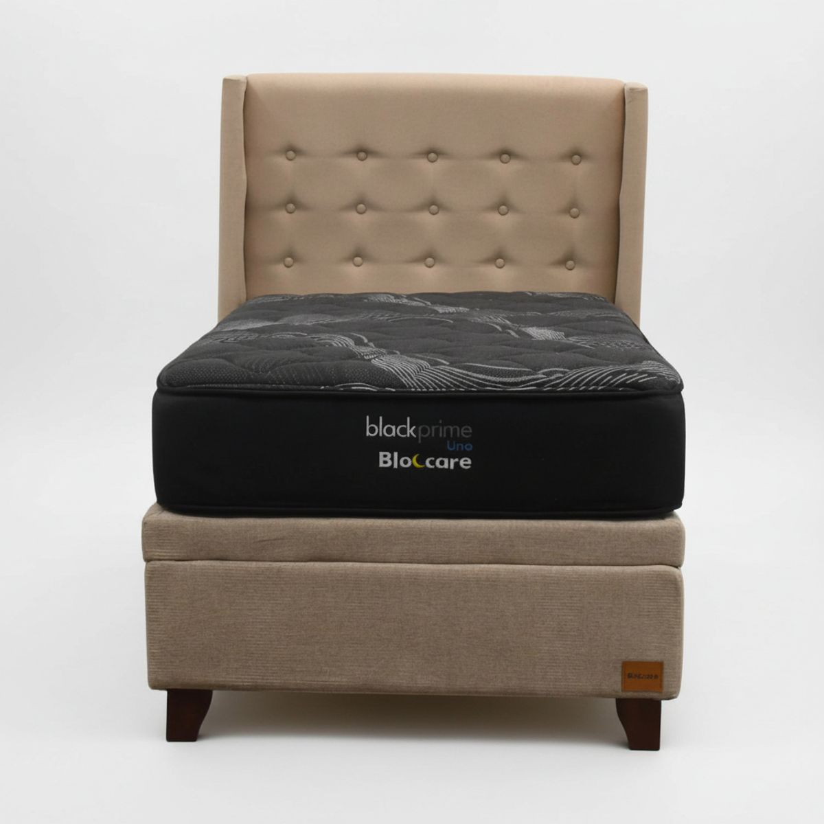 BLOCCARE - Cama Baul 1 Plaza L190 cm + Colchon Black Prime - Modelo Uno / Con Patas De Madera 11 cm (Beige)