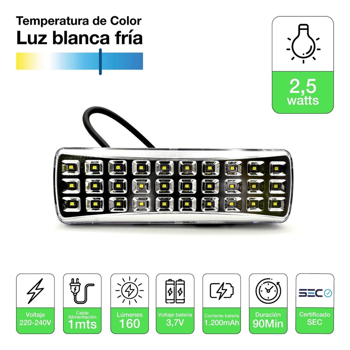 DRL LIGHTING - Lámpara Emergencia Led 25w Batería Recargable 30led 160lm Blanco