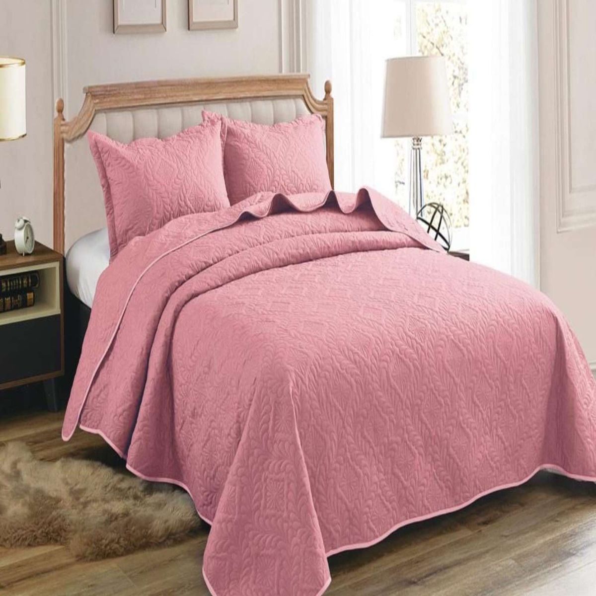 GENERICO - CUBRECAMA ELEGANTE  QUILT VERANO PLAZA Y MEDIA ROSA