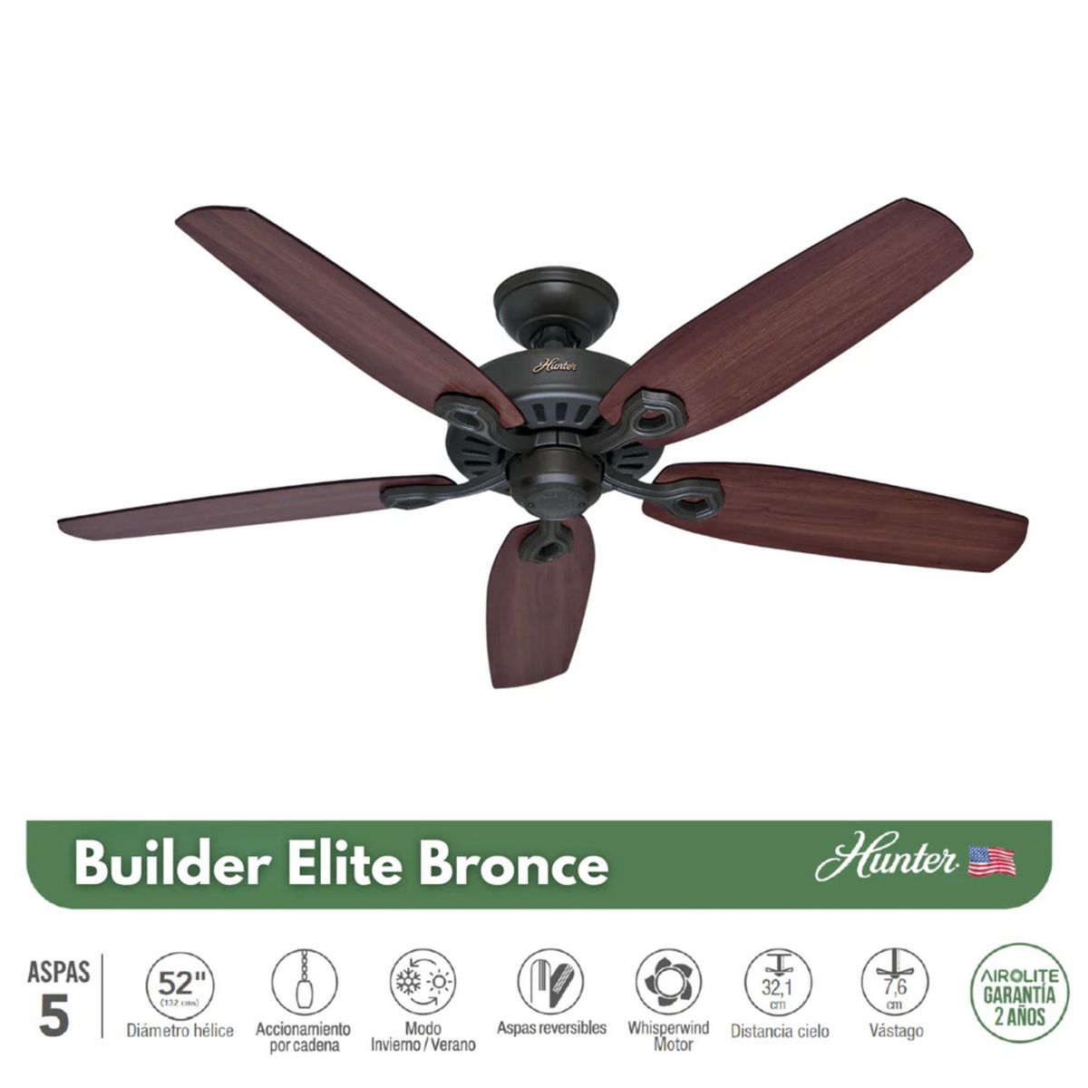 HUNTER - VENTILADOR DE TECHO HUNTER BUILDER ELITE BRONCE 52"