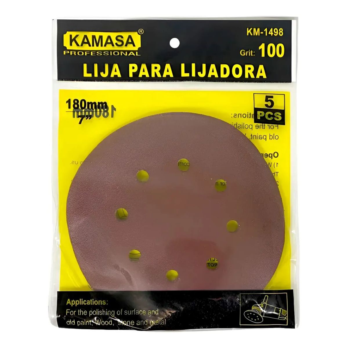 KAMASA - 5 Lija Pulir 7´´/180mm Con Velcro Grano P100 Esmeril/taladro