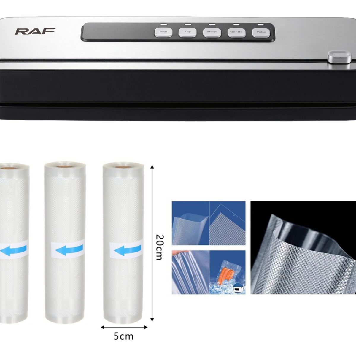 RAF - Selladora Al Vacio Con Cortador Automático 3 Rollos 22cmx5m Plateado