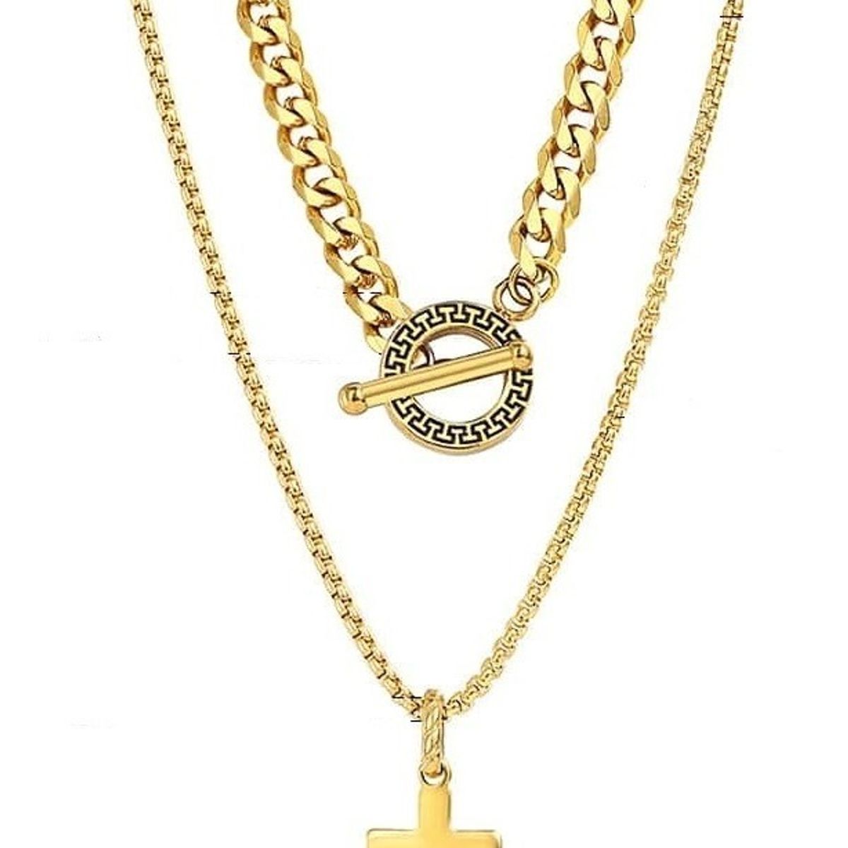 GENERICO - Collar Doble Acero Cruz Gold Hombre Caballeros Moda 2020