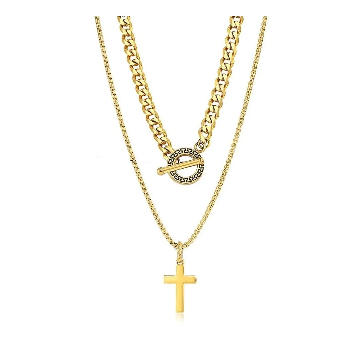 GENERICO - Collar Doble Acero Cruz Gold Hombre Caballeros Moda 2020