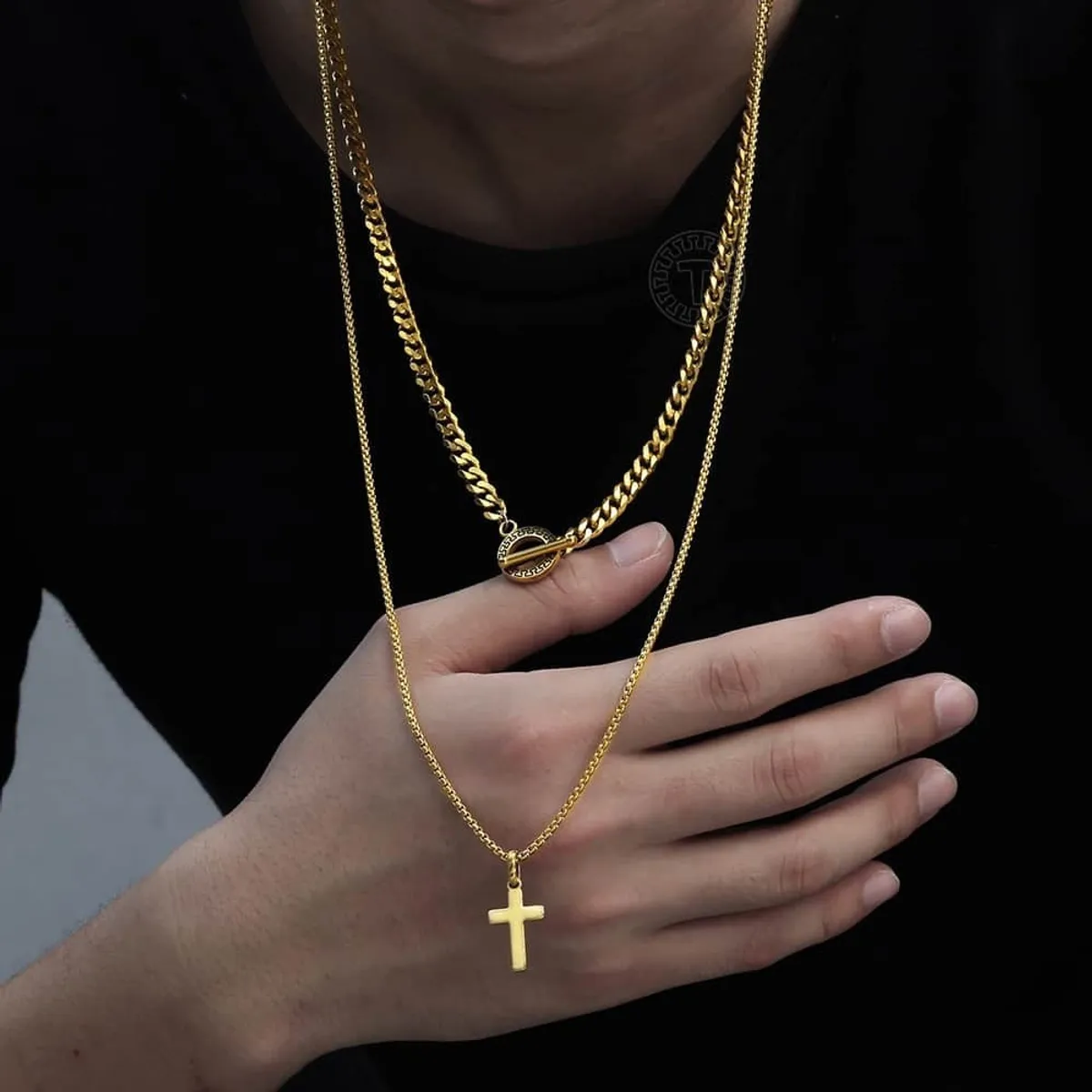 GENERICO - Collar Doble Acero Cruz Gold Hombre Caballeros Moda 2020