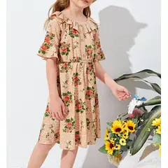 KIRAMA CLOTHING STORE - Vestido Infantil A-Línea Floral con Volantes y Botones Multicolor