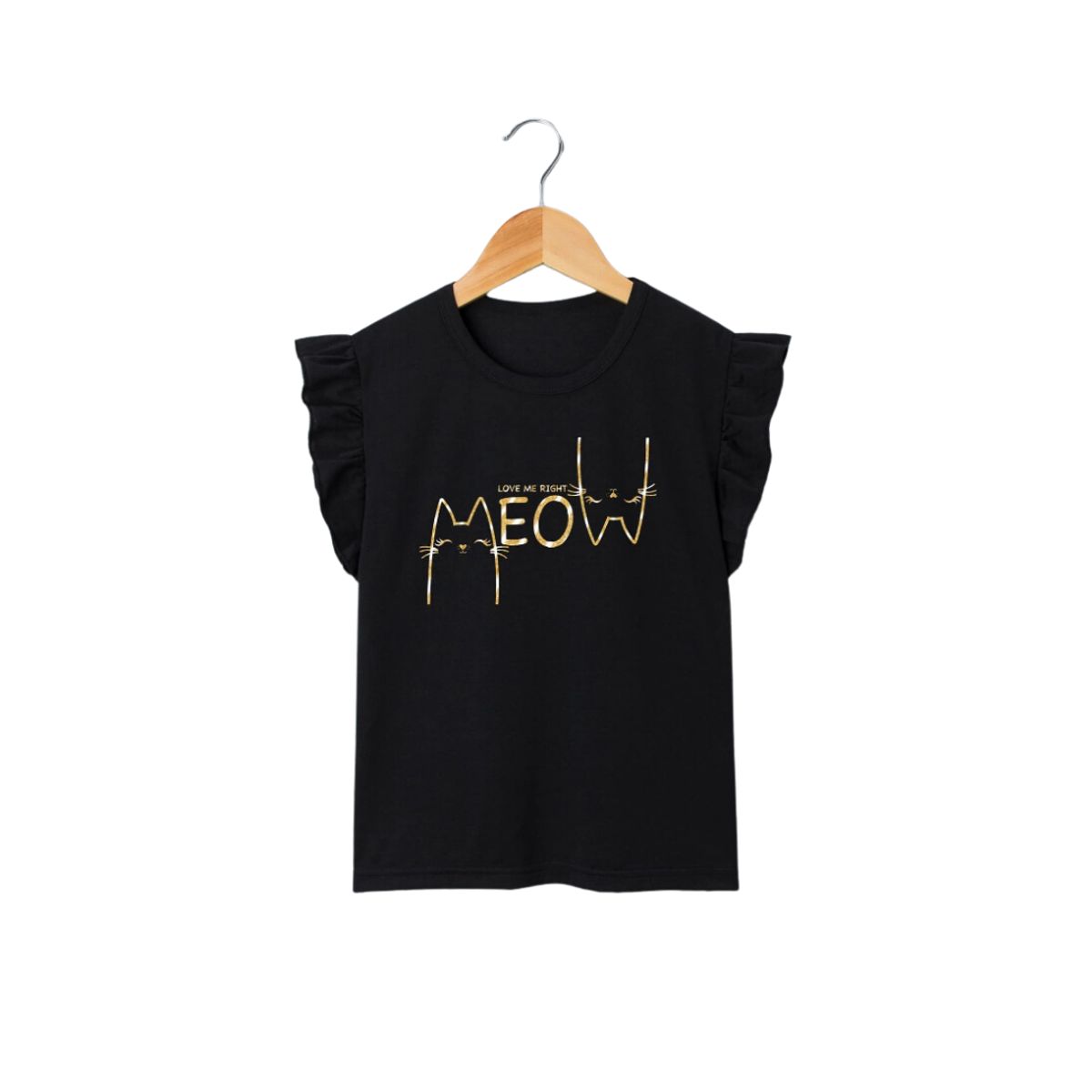 KIRAMA CLOTHING STORE - Camiseta Infantil Negra con Volantes y Estampado “Meow” Dorado
