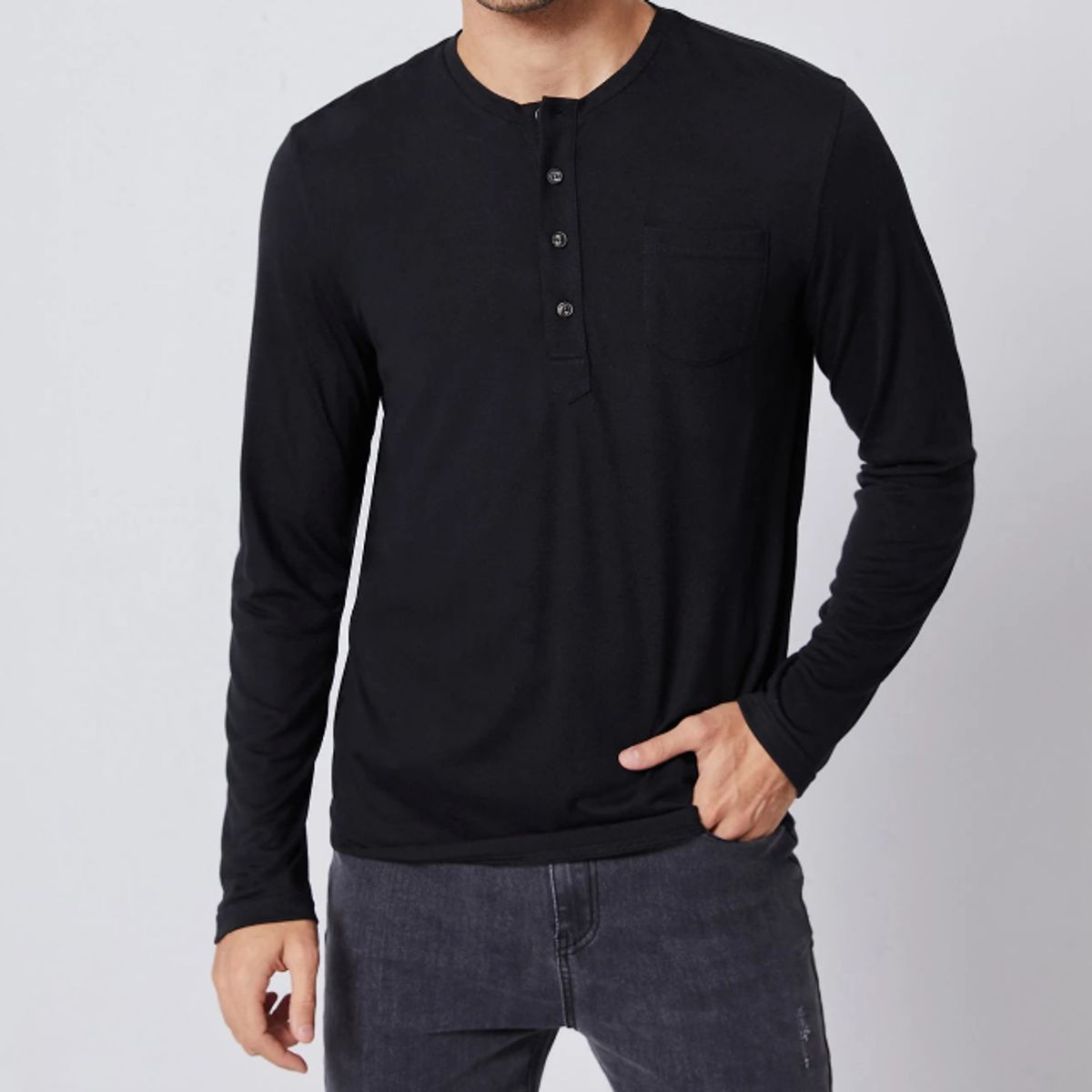 KIRAMA CLOTHING STORE - Polera Hombre Manga Larga Henley  Negro