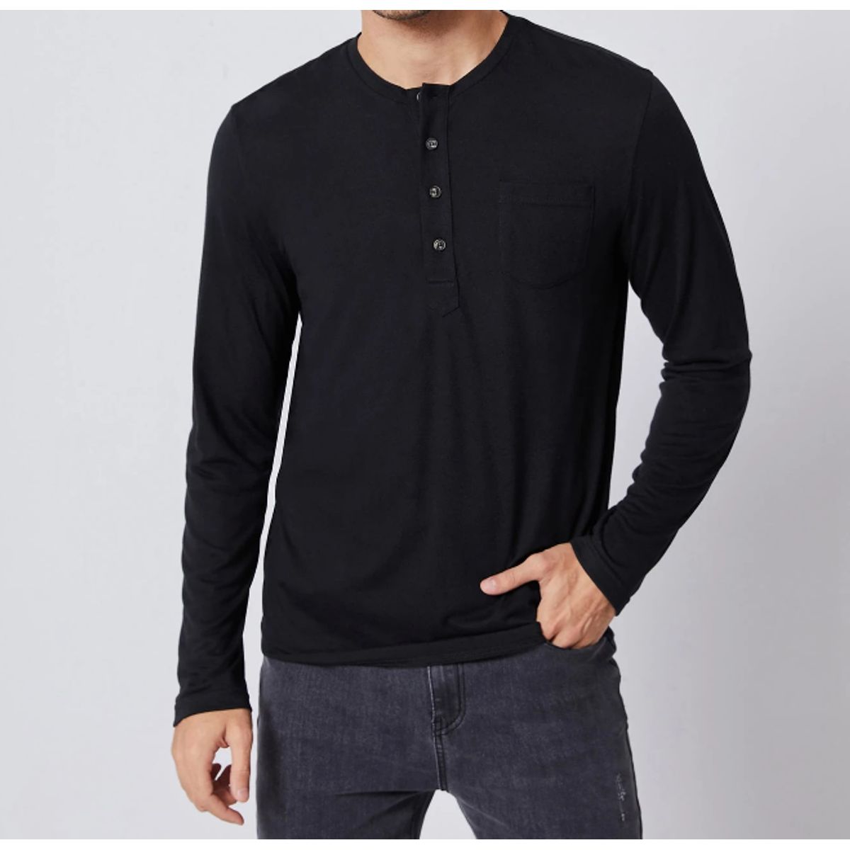 KIRAMA CLOTHING STORE - Polera Hombre Manga Larga Henley  Negro