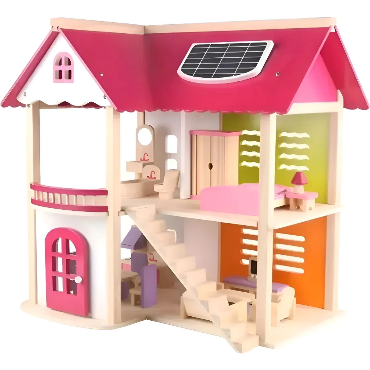 GENERICO - Casa Madera Munecas Rosa 3 Pisos Con Muebles Infantiles