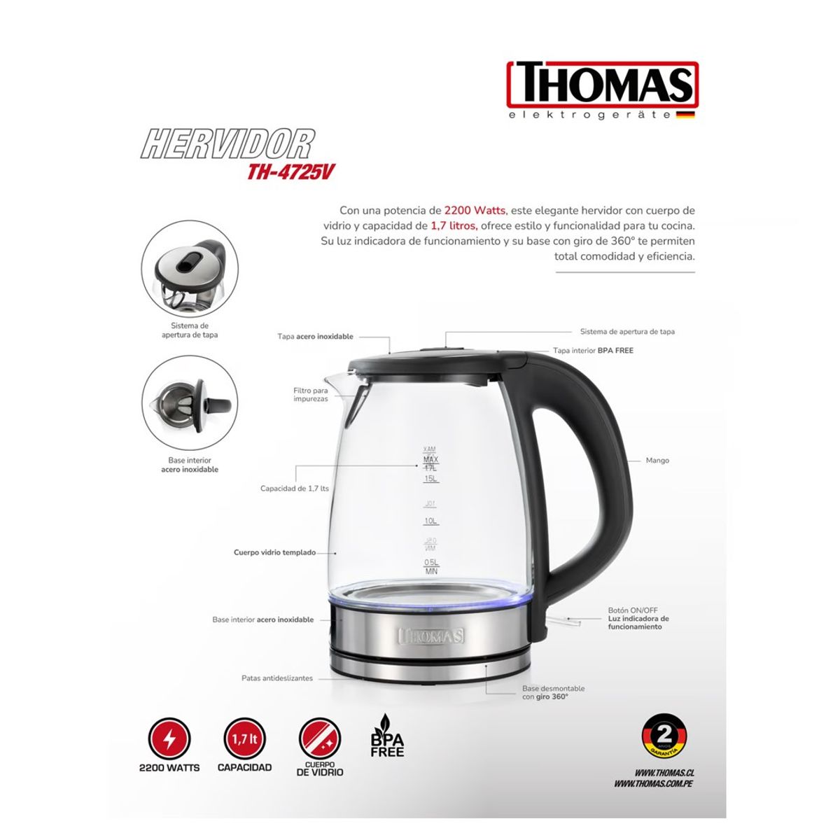 THOMAS - HERVIDOR DE VIDRIO ELECTRICO 2200W TH-4725 VIDRIO