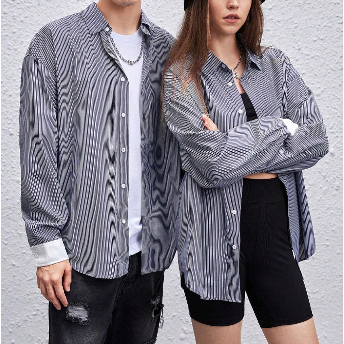 KIRAMA CLOTHING STORE - Camisa Hombre a Rayas Manga Larga  Gris