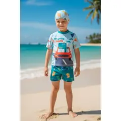 SENSIBLUE - Traje de Baño Niño Dinosaurio en Auto 3 Piezas con Protección Solar –