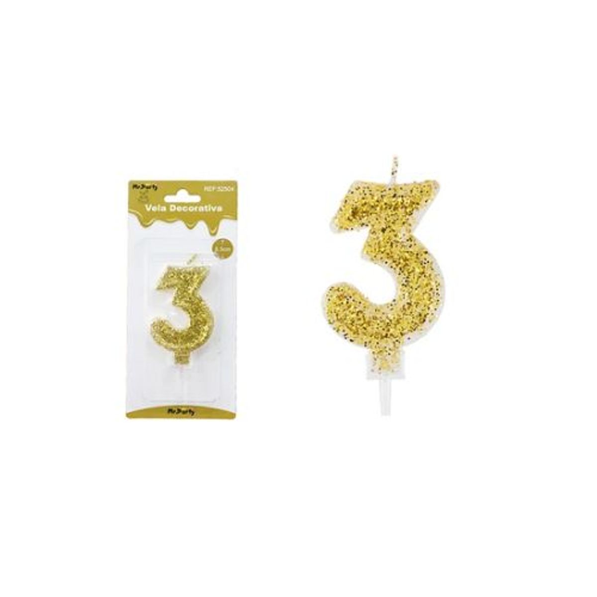 GENERICO - Vela de número 3 dorado con brillo 5.5cm