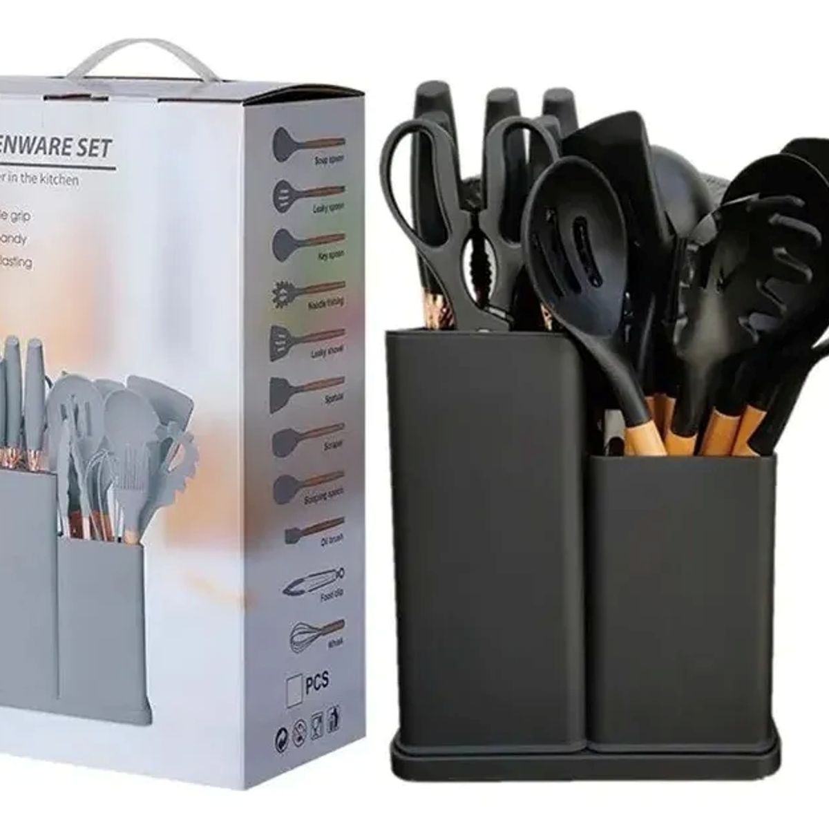 GENERICO - Set Utensilios Cocina Silicona 19 Piezas con Soporte