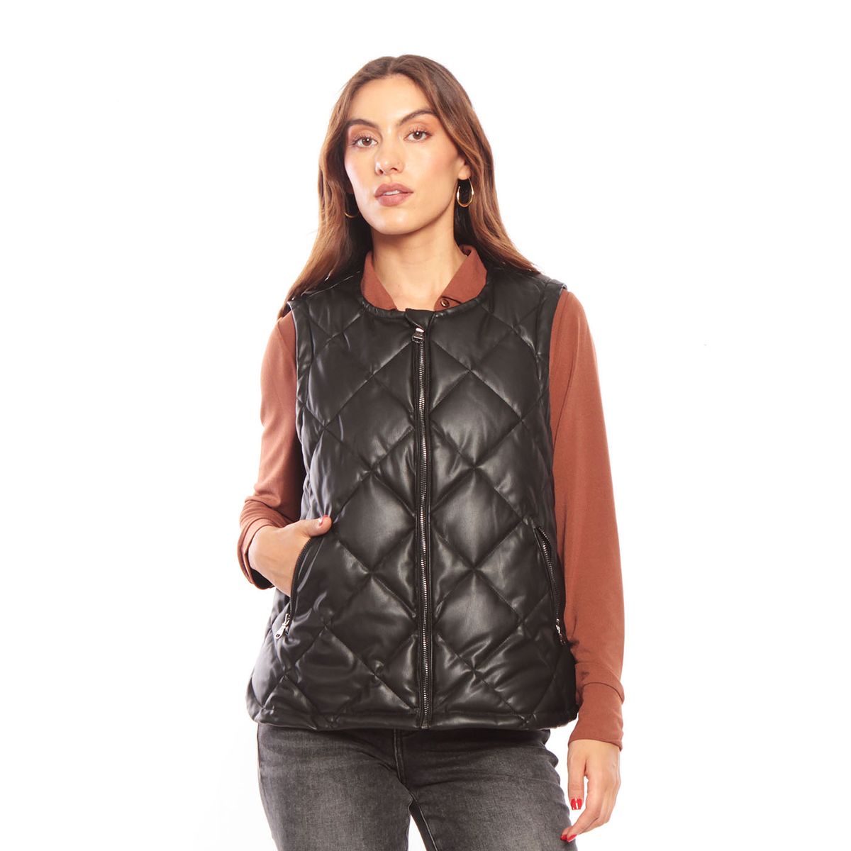 WADOS - PARKA SIN MANGA CUERO ECOLOGICO CON CIERRE EN DELANTERO Y EN BOLSILLOS