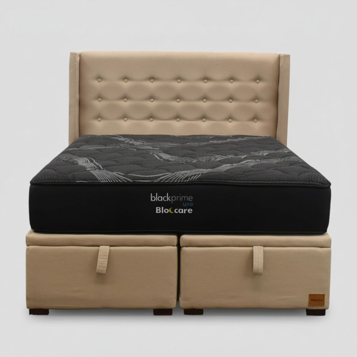 BLOCCARE - Cama Baul King L200 cm + Colchon Black Prime - Modelo Uno / Con Patas De Madera 4.5 cm (Beige)